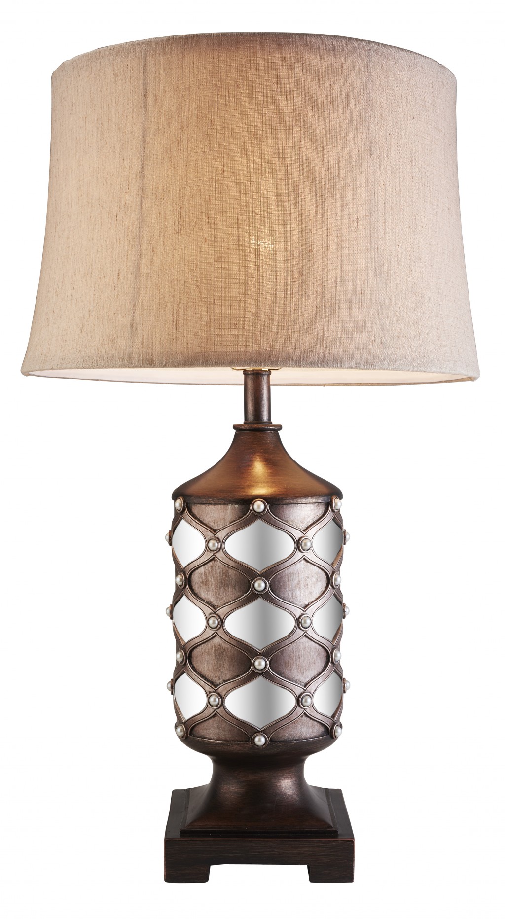 Burnished Brown and Mirrored Glass Bedazzled Pearl Table Lamp