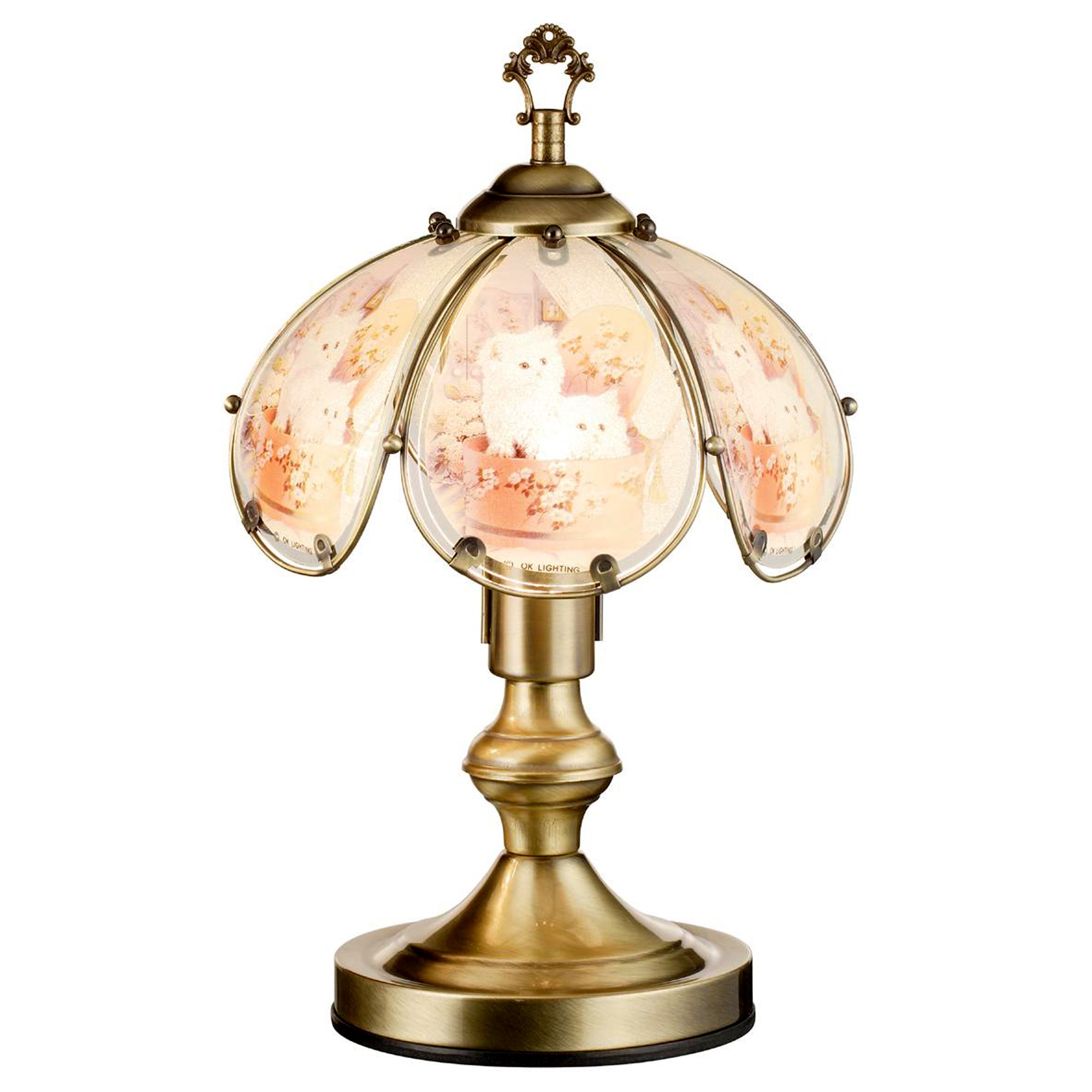 Antique Brass Table Lamp with Kitten Glass Shade