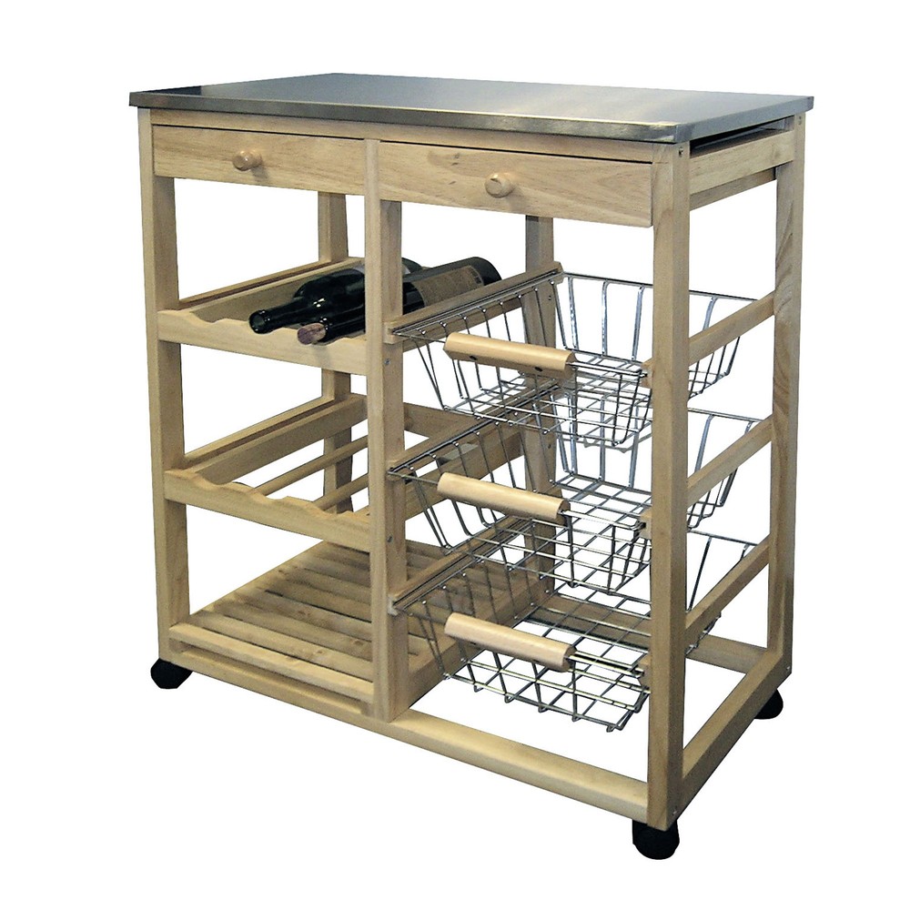 Natural Wood Kitchen Cart with Wine Storage and Baskets