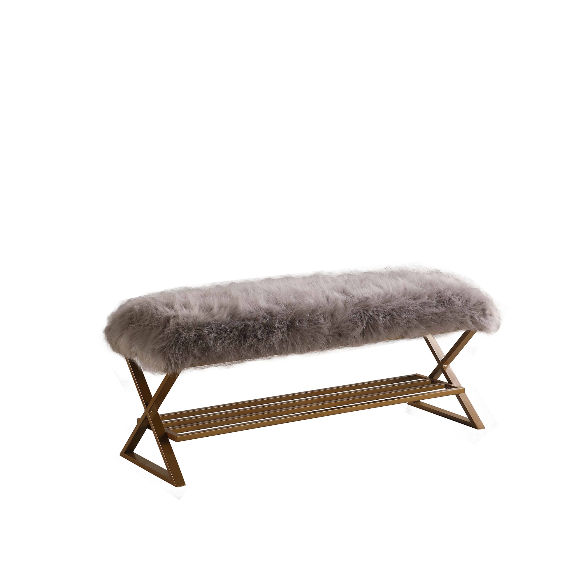 43" Gray Bohemian Faux Fur Vanity Bench