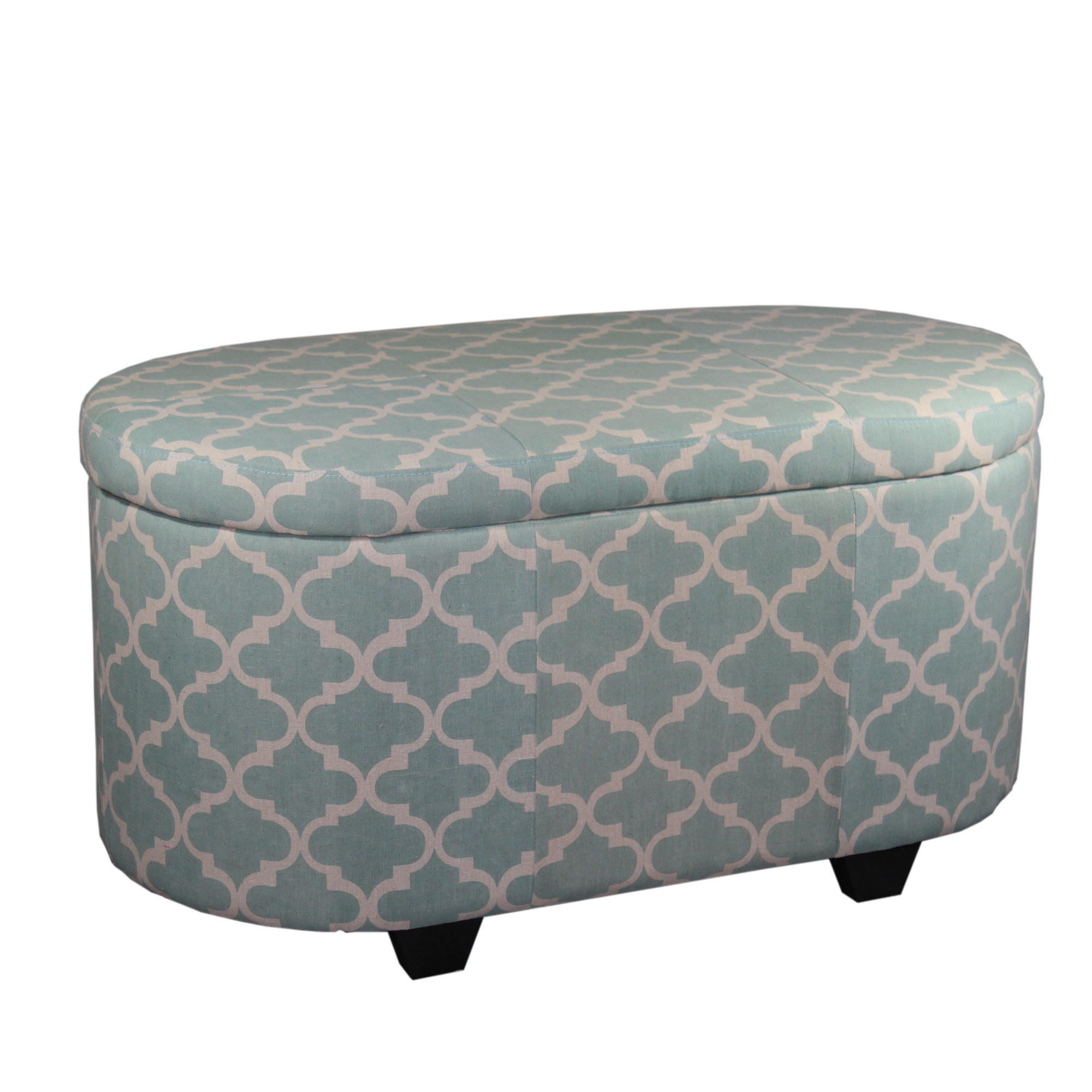 Teal and Cream Quatrefoil Oval Storage Bench