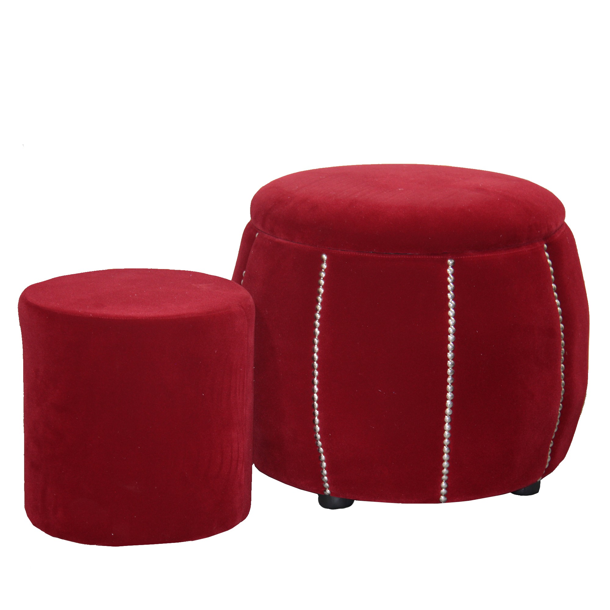 Set of Two Red and Faux Pearl Round Ottomans