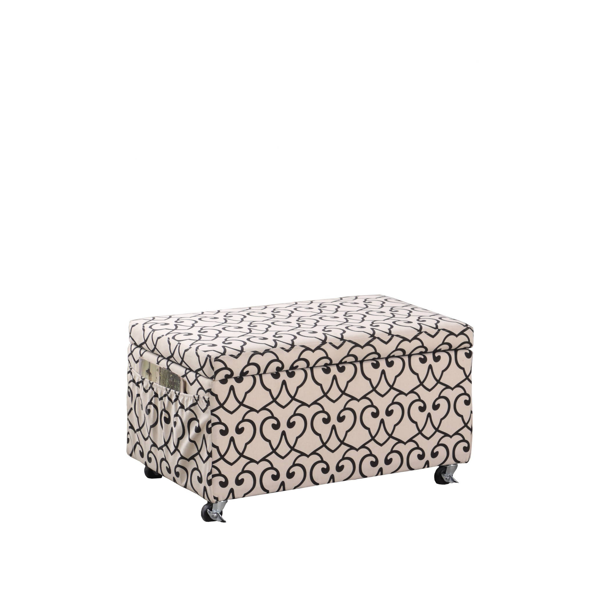 Black and Ivory Morroccan Heart Rolling Storage Ottoman with Pockets