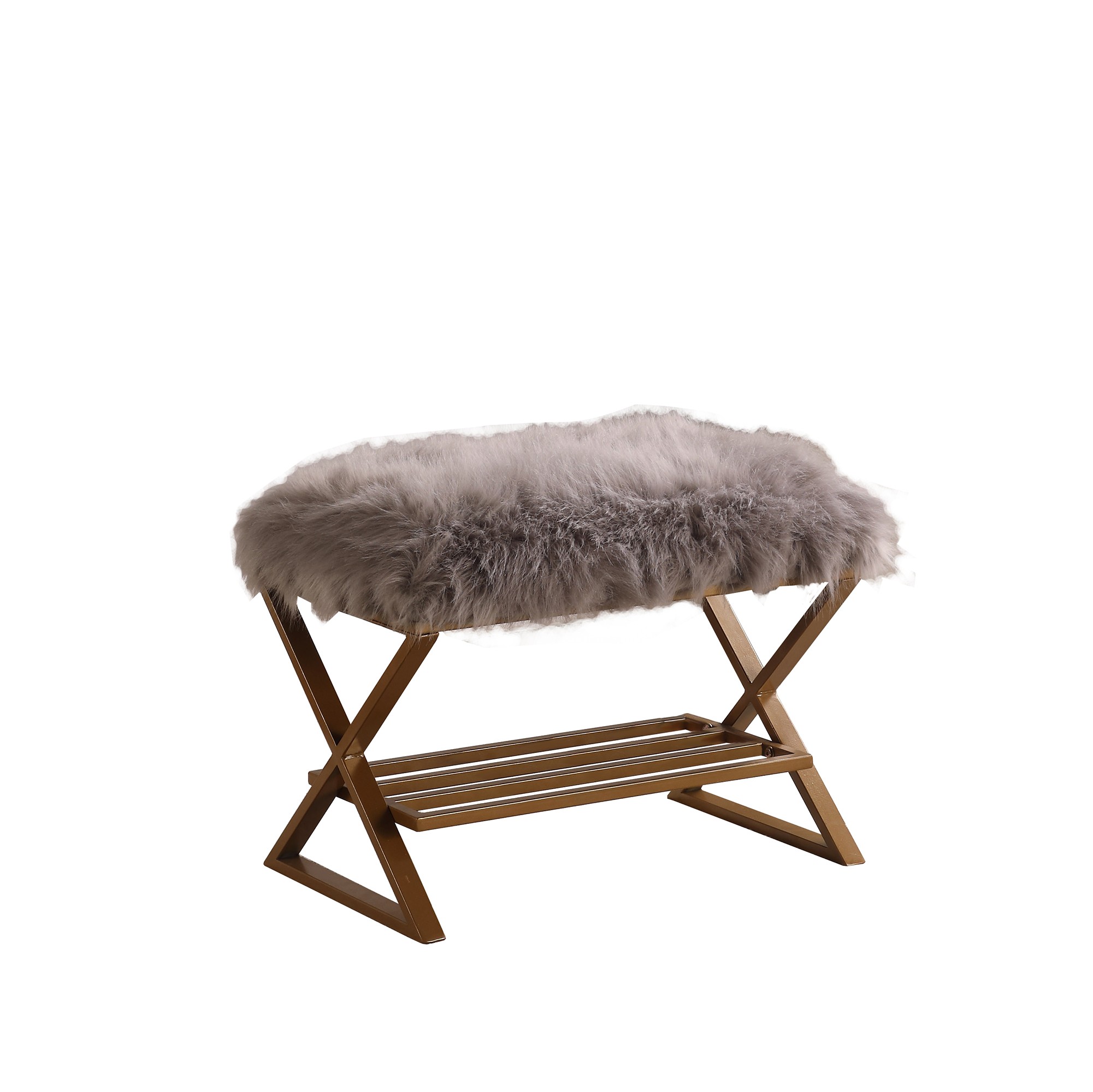 26" Gray Bohemian Faux Fur Vanity Bench