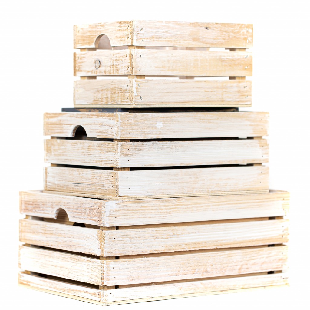 Set of Three Organic Whitewash and Natural Distressed Wood Stacking Milk Crates