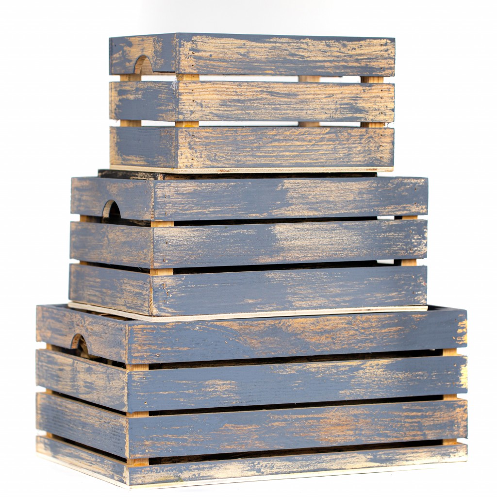 Set of Three Organic Charcoal and Natural Distressed Wood Stacking Milk Crates