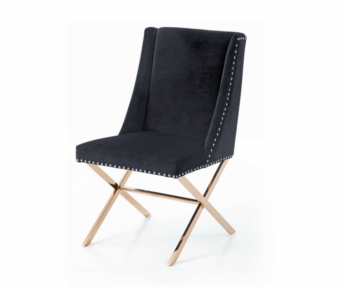 Black Velvet and Rose Gold Nailhead Modern Dining Chair