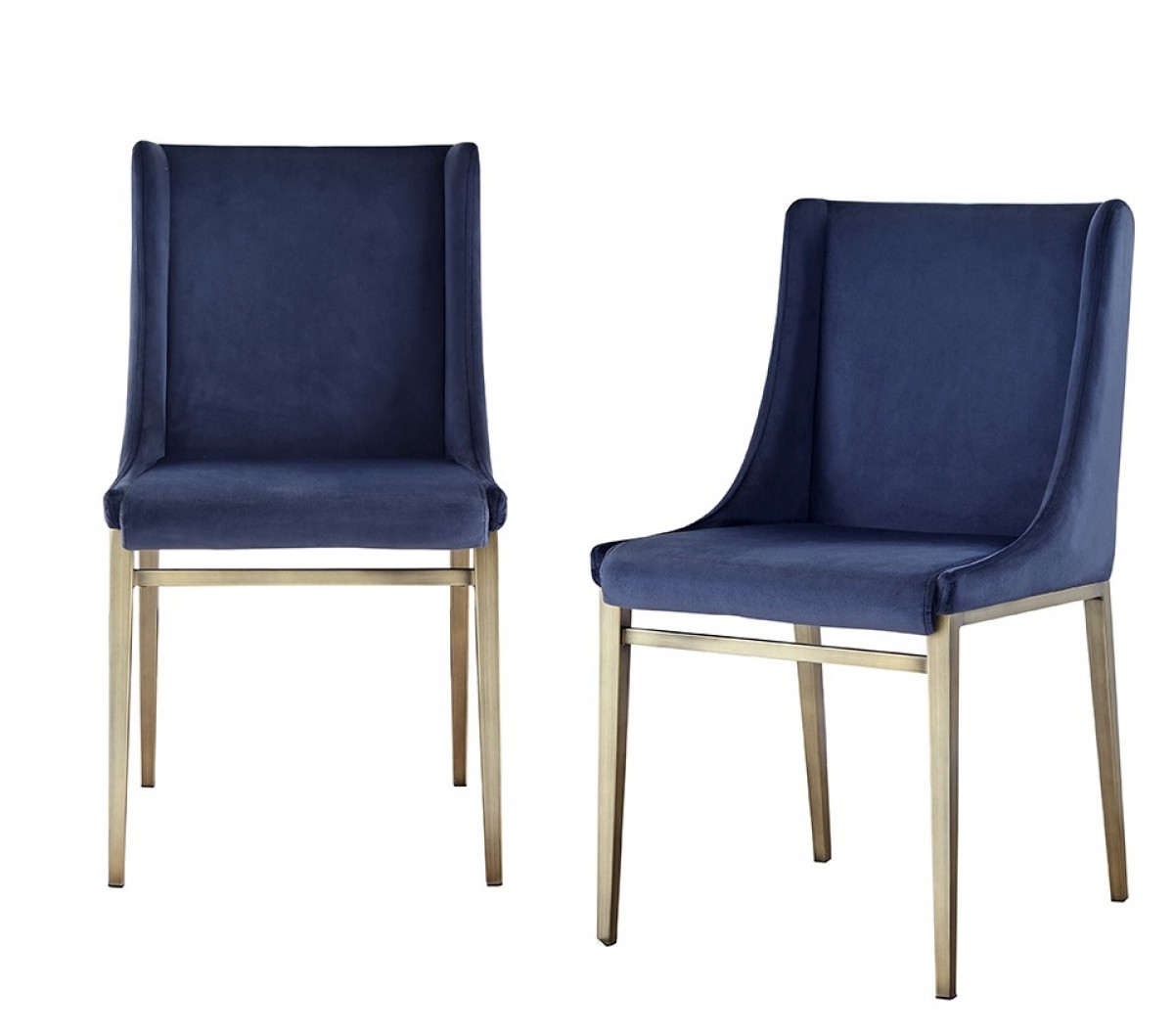 Set of Two Blue Velvet Antique Brass Contemporary Dining Chairs
