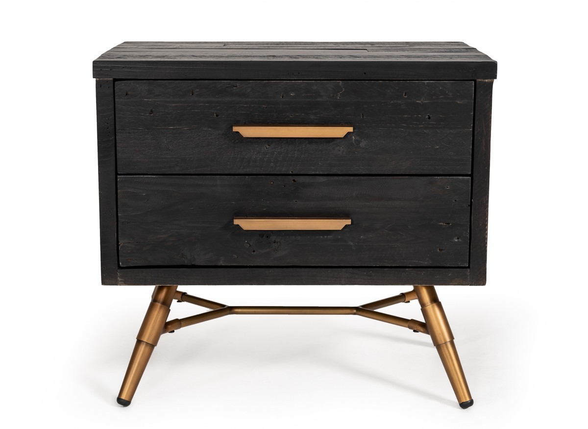 Modern Dark Brown Recycled Pine Nightstand with Antique Fittings