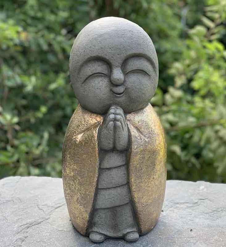 15" Gray and Gold Sweet Smiling Monk Indoor Outdoor Statue
