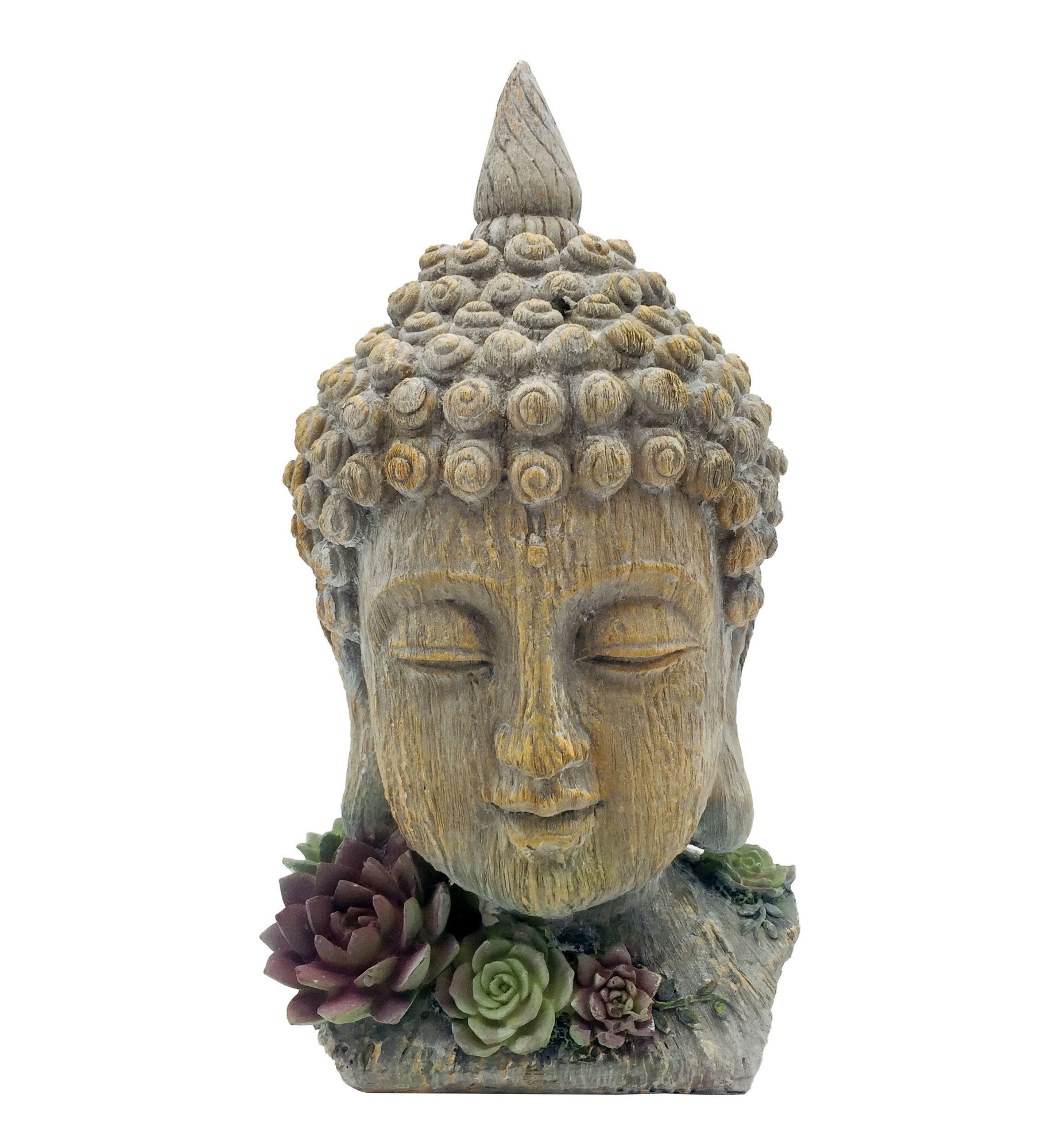 12" Serene Grey Budha Head with Succulents Indoor Outdoor Statue