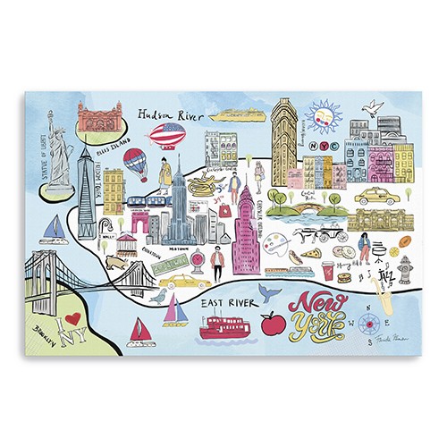 48" Fun Illustrated NYC Map Canvas Wall Art