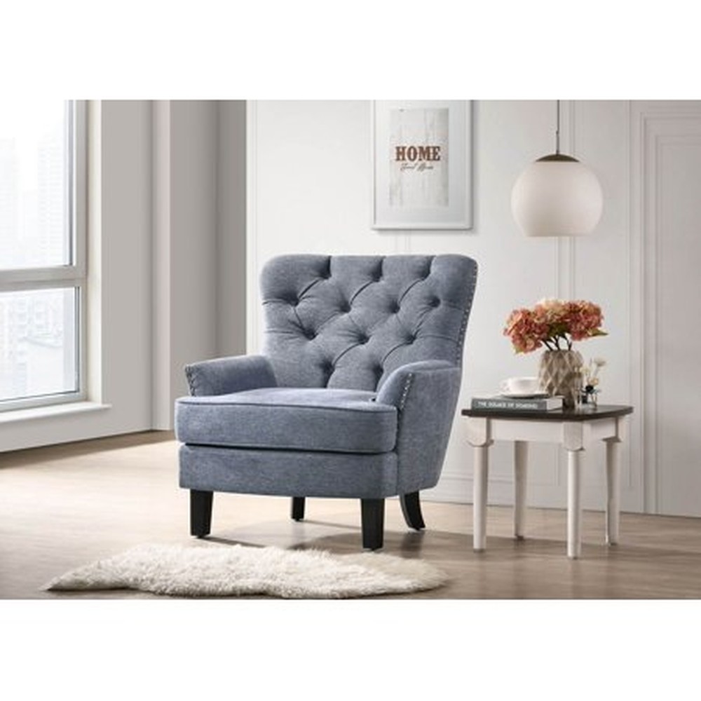 Feathered Blue Tufted Nailhead Trim Wing Chair