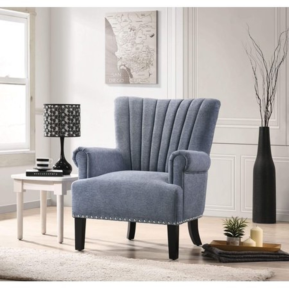 Blue Plumed Channeled Back Comfy Armchair