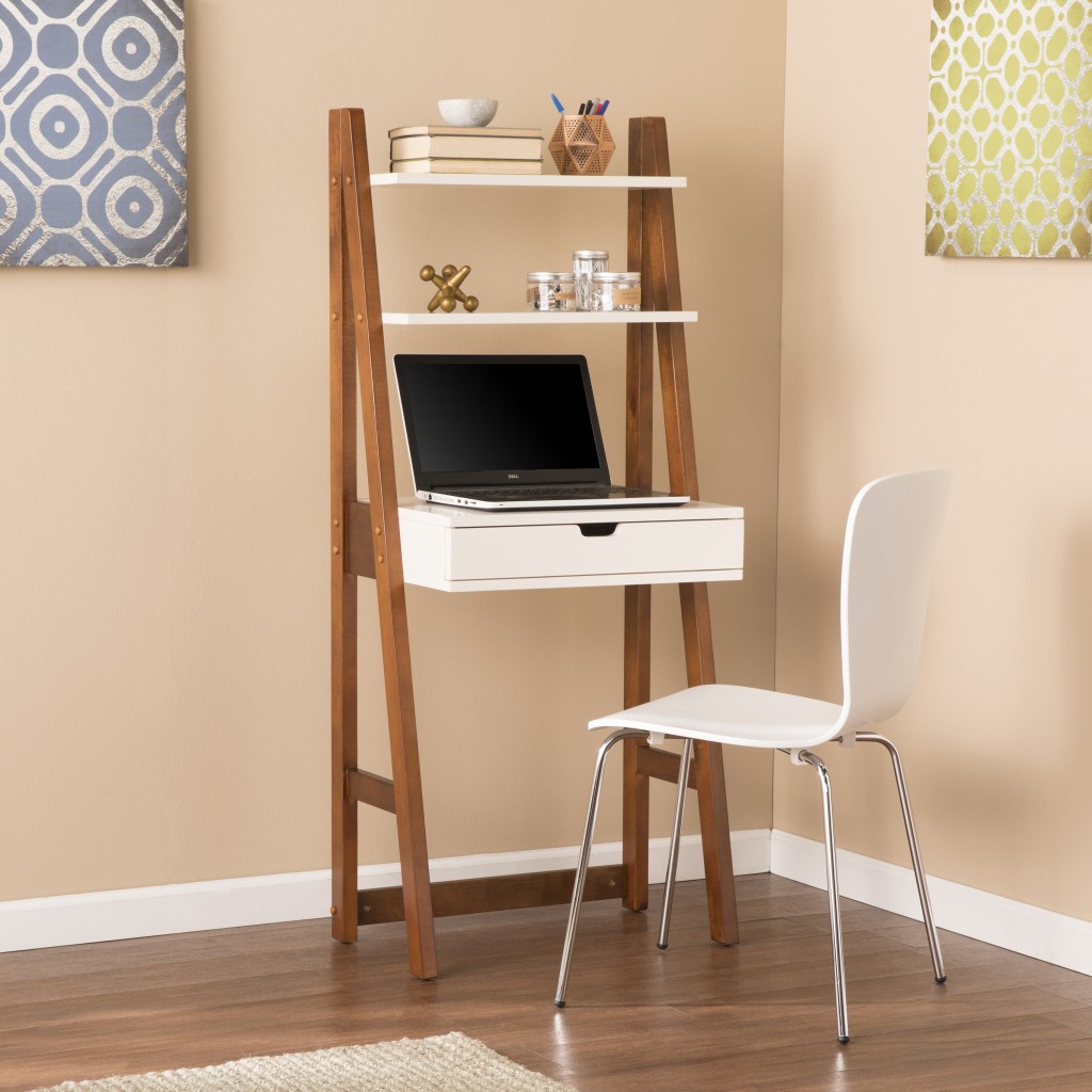 Compact White with Weathered Oak Leaning Desk