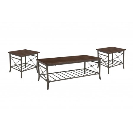 Brown Wood and Metal Coffee Table and End Tables Three Piece Set