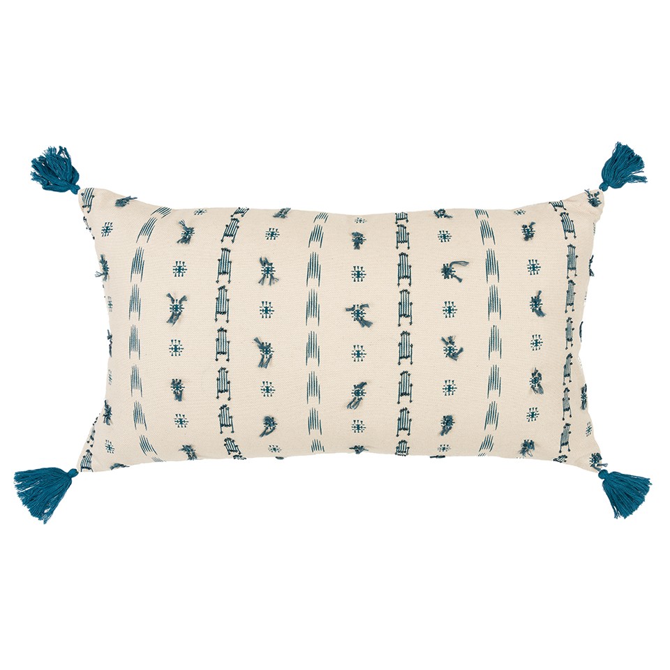 Teal Beige Tribal Inspired Tasseled Lumbar Pillow