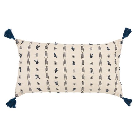 Blue Beige Tribal Inspired Tasseled Lumbar Pillow