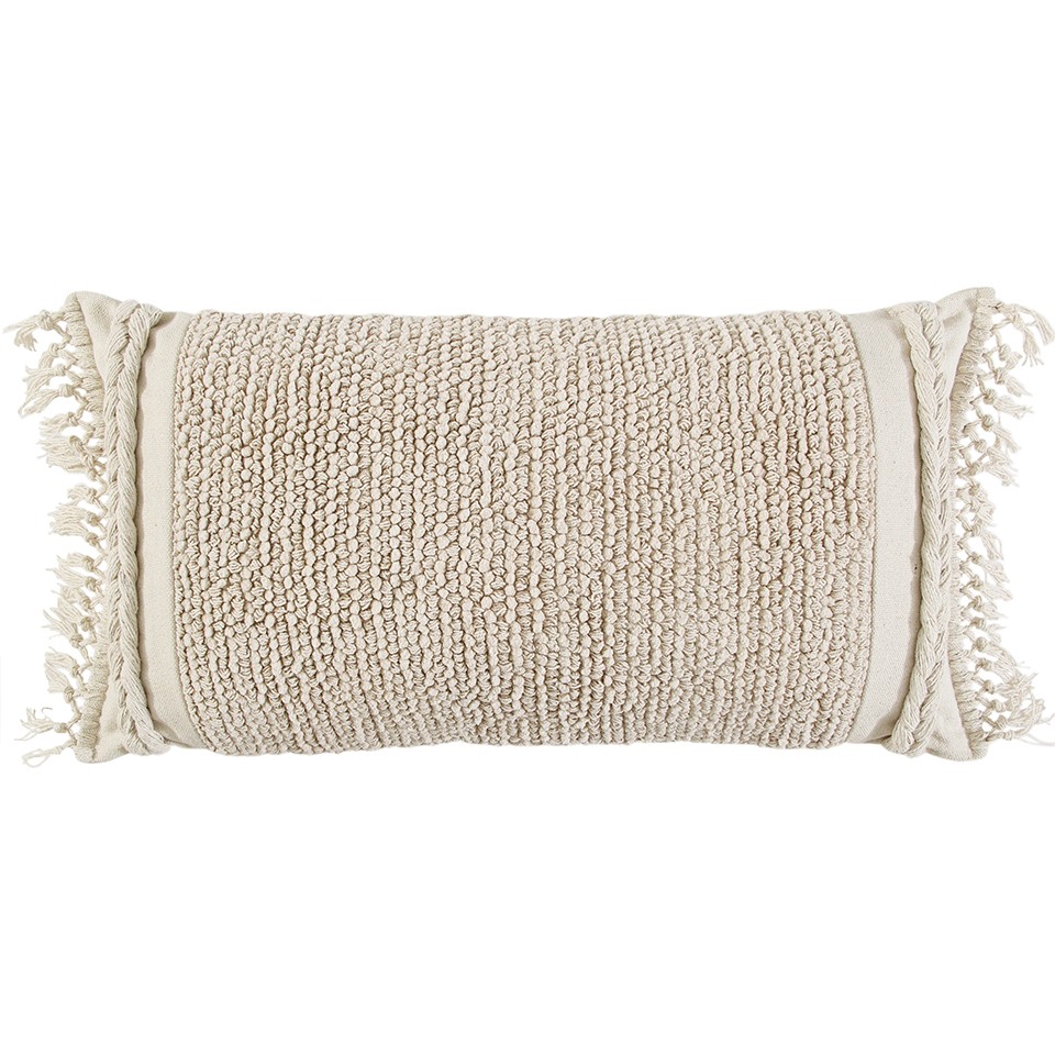 Ivory Braided Stripe Macrame Fringe Lumbar Pillow