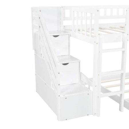 White Twin Over Twin Perpendicular Bunk Bed with Storage Stairs and Slide