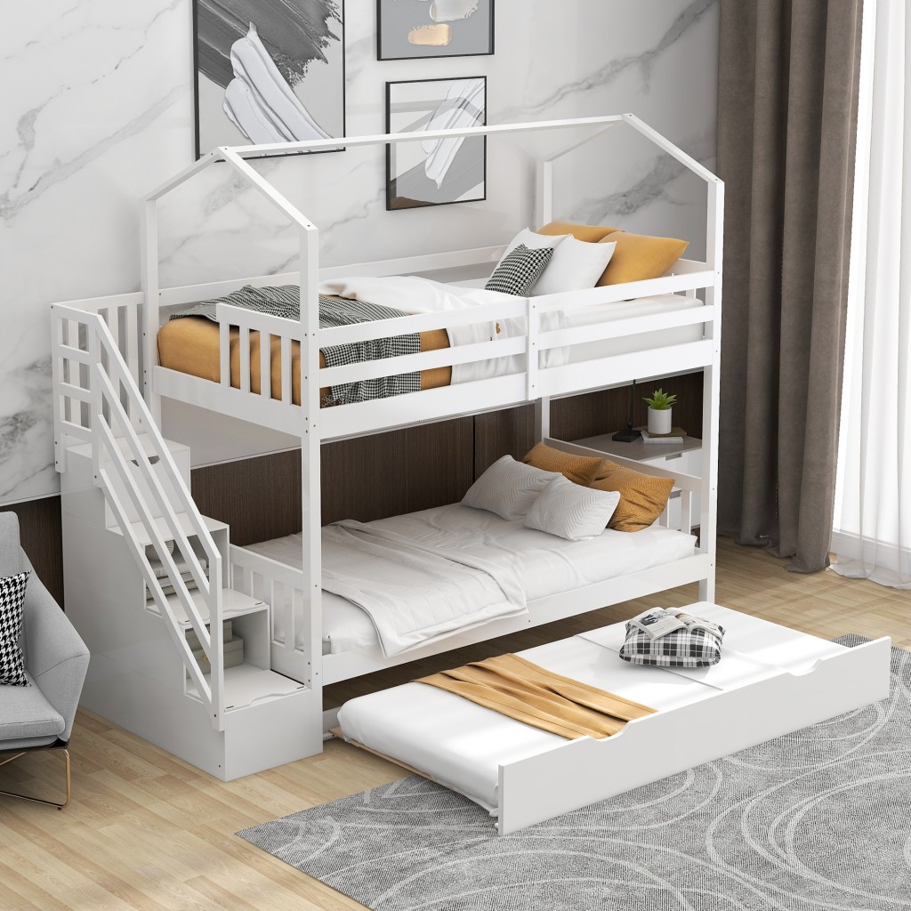 White Twin Over Twin Playhouse Bunk Bed with Trundle and Staircase