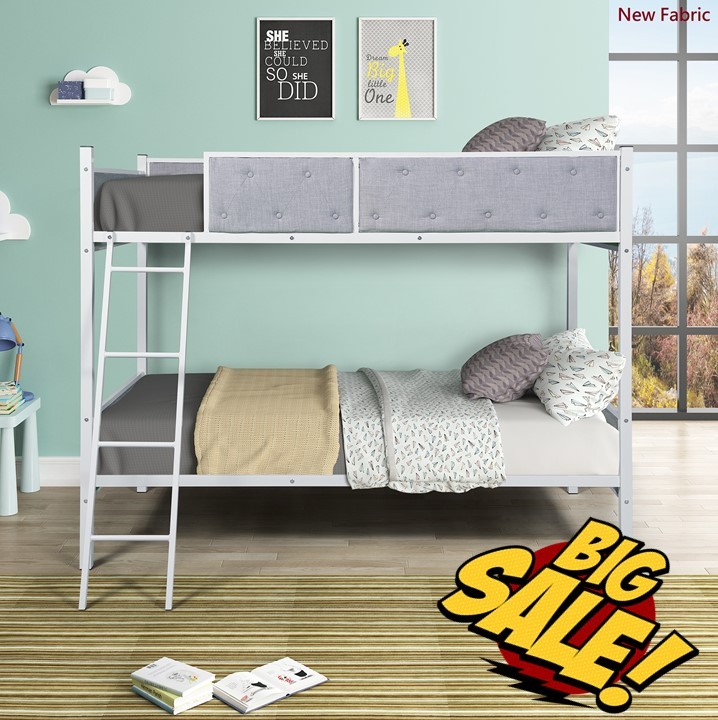 White Gray Twin Over Twin Upholstered Bunk Bed