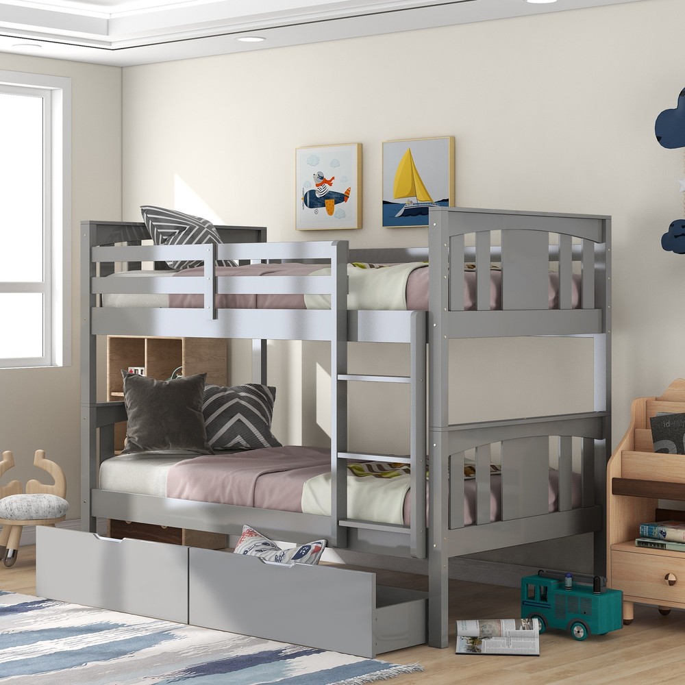 Gray Double Twin Size Ladder Bunk Bed With Drawers