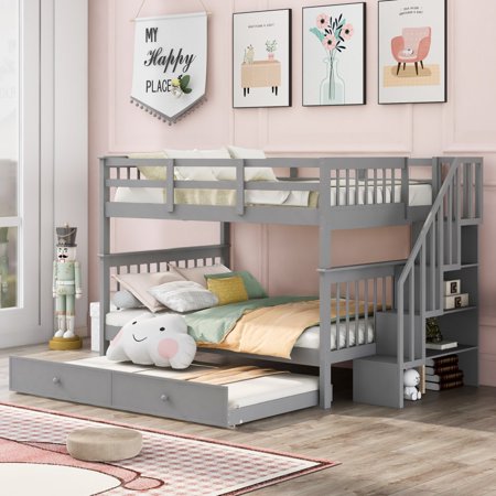 Gray Full Over Full Bunk Bed with Stairway Drawers and Trundle
