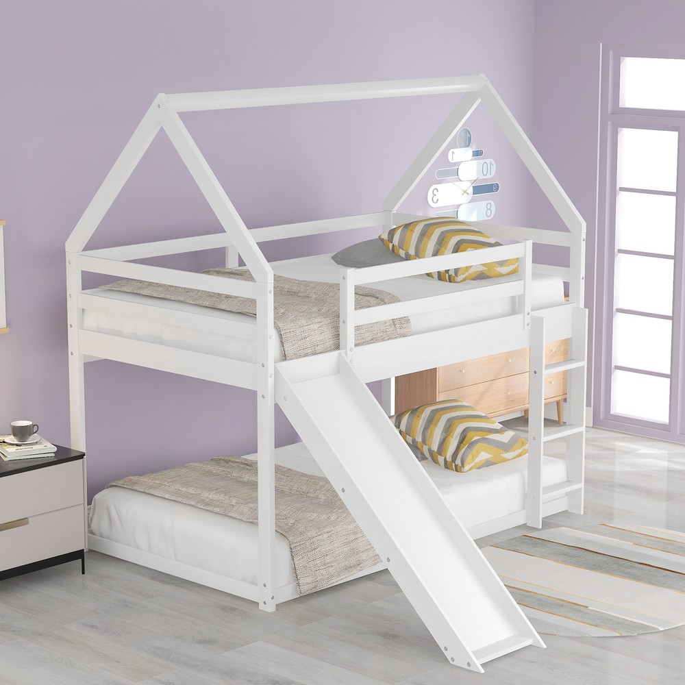 White Twin Over Twin House Bed with Slide and Ladder