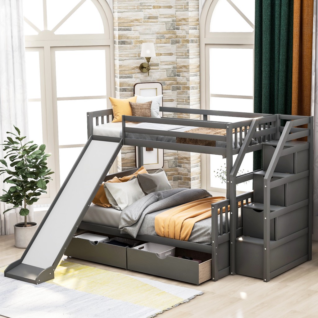 Gray Twin Over Full Bunk Bed with Slide and Storage