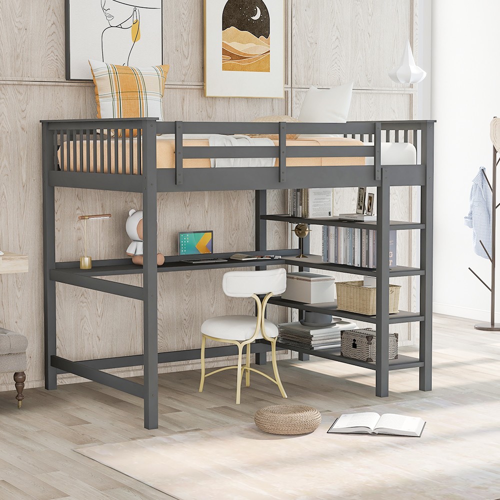 Gray Full Size Wood Loft Bed with Storage Shelves and Desk