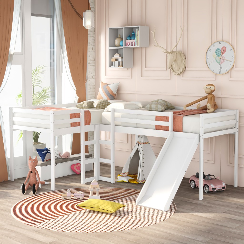 White L Shaped Loft Bed with Slide