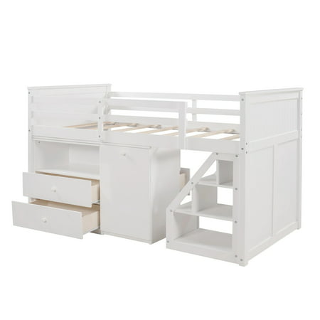 White Twin Size Low Loft Bed With Portable Desk