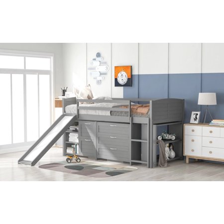 Gray Twin Size Low Loft Bed With Cabinets and Slide