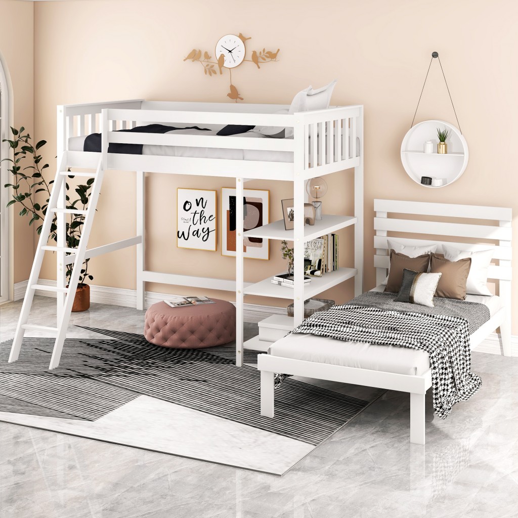 White Double Twin Size Ladder Loft Bed With Headboard