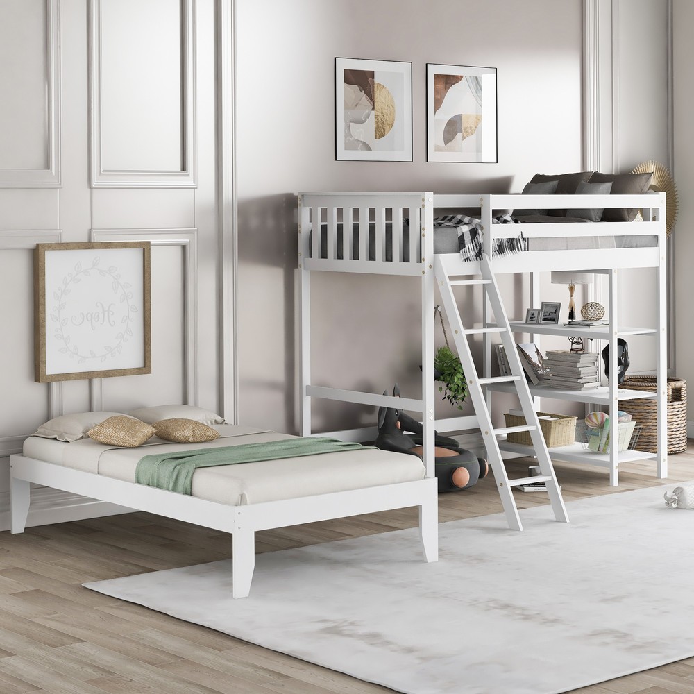 White Double Twin Size Ladder Loft Bed