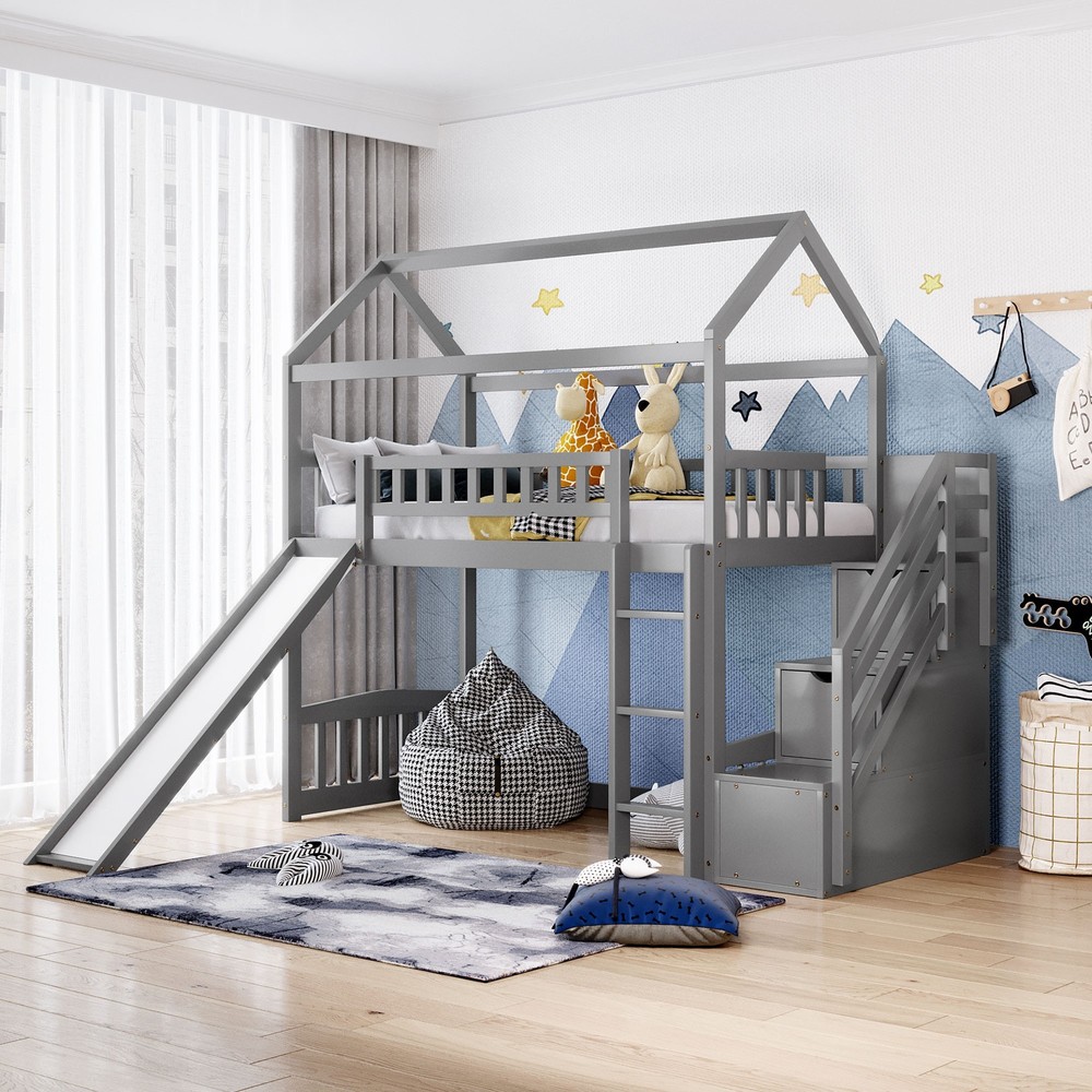 Cool Gray Twin Size Loft Bed with Slide and Storage