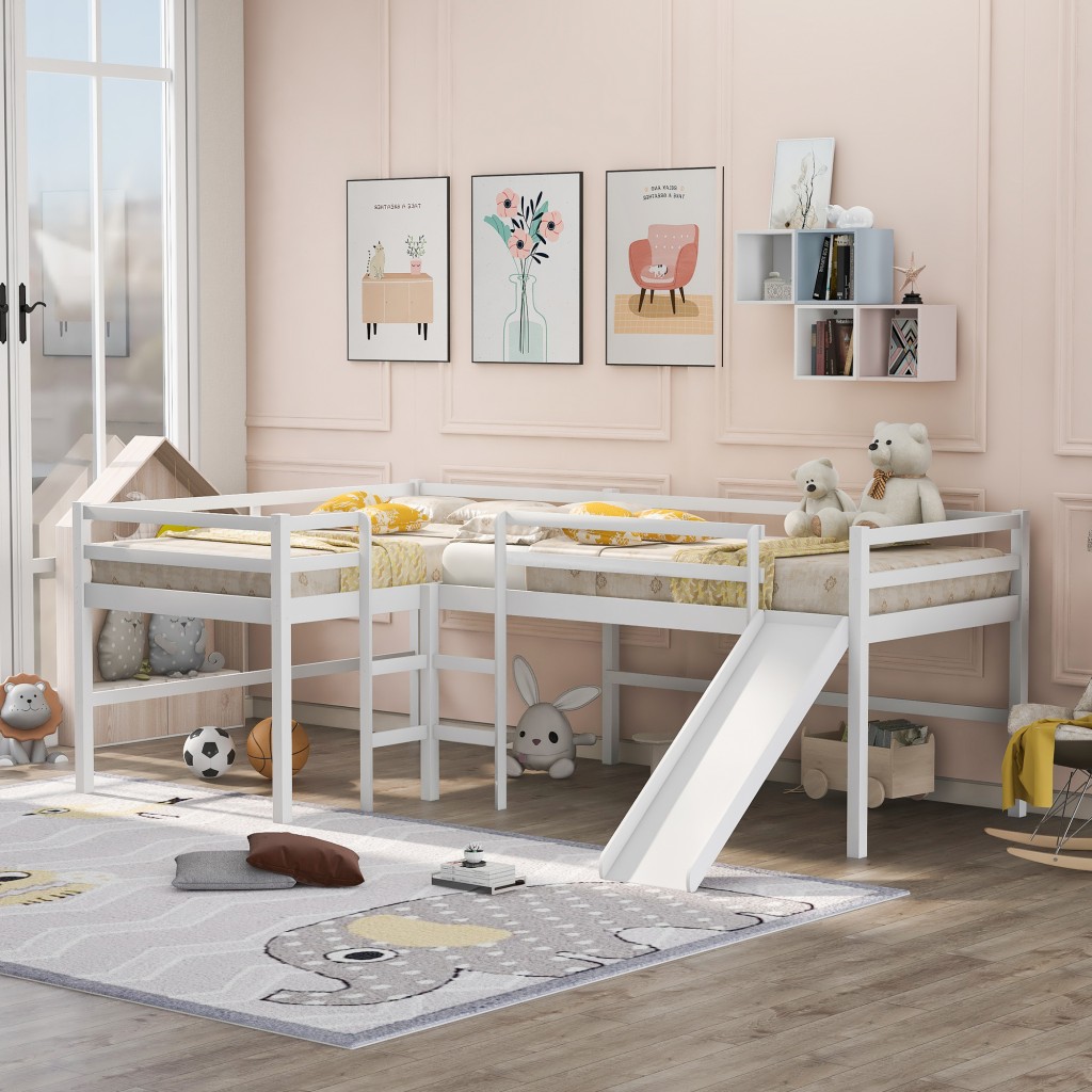 White L Shaped Double Twin Low Loft Beds with Slide
