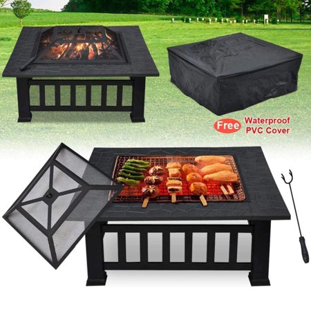 32" Gray Square Charcoal or Wood Burning Fire Pit with Cover