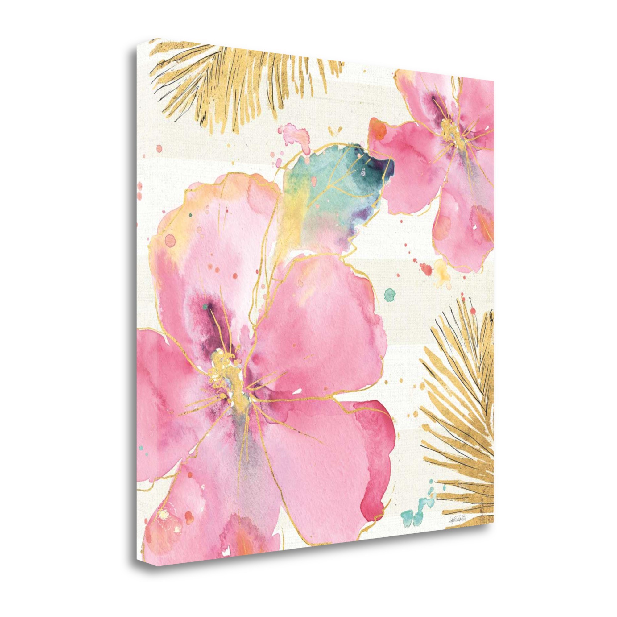 Watercolor Pink Hibiscus Flowers 2 Giclee Wrap Canvas Wall Art