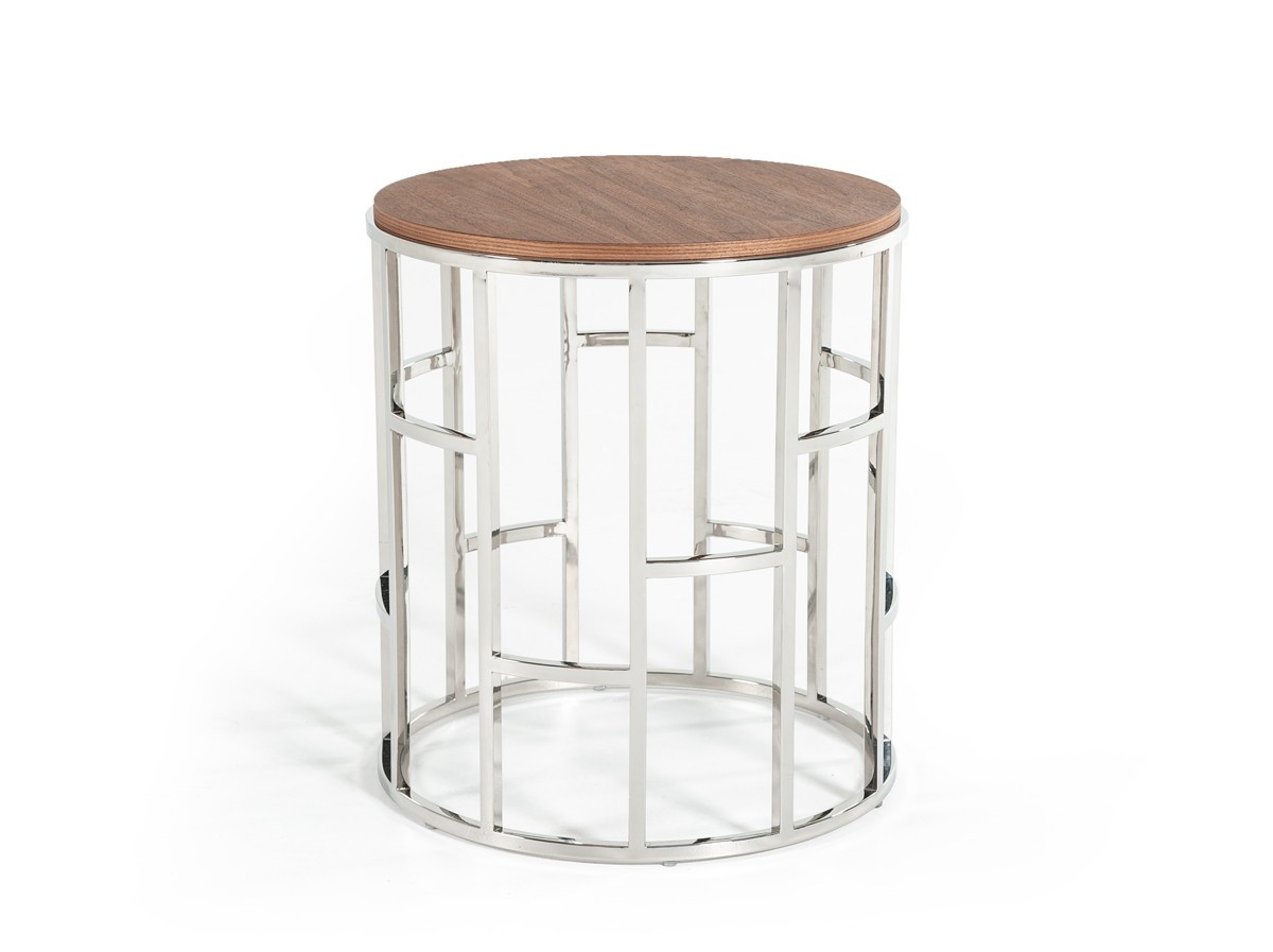 Stylish Silver And Walnut Round Geometric End or Side Table