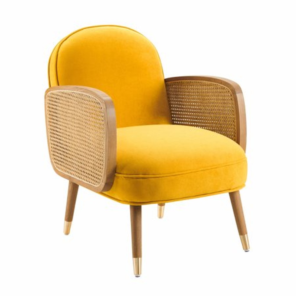 Modern Yellow Velvet with Cane Accent Chair