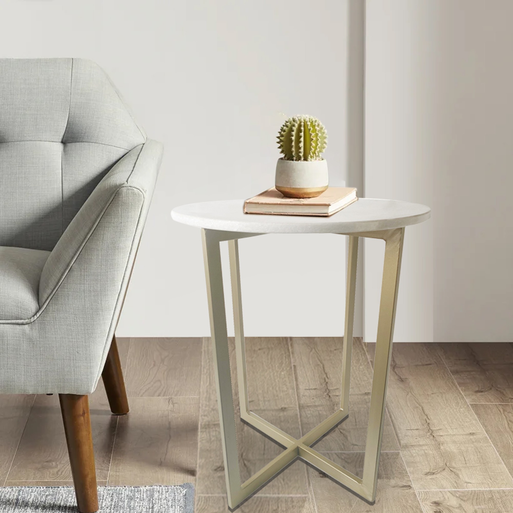 Set of Two White Marble and Gold Geo Nesting End Tables