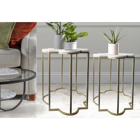 Set of Two White Marble and Gold Quatrefoil Nesting End Tables