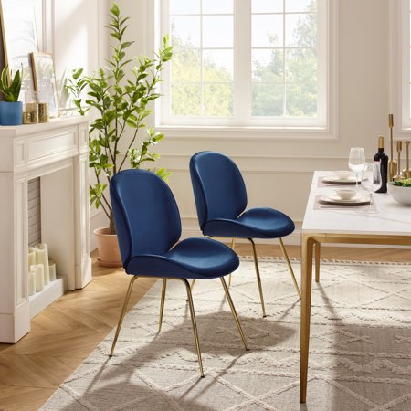 Set of Two Gold and Blue Velvet Shell Shape Dining Chairs