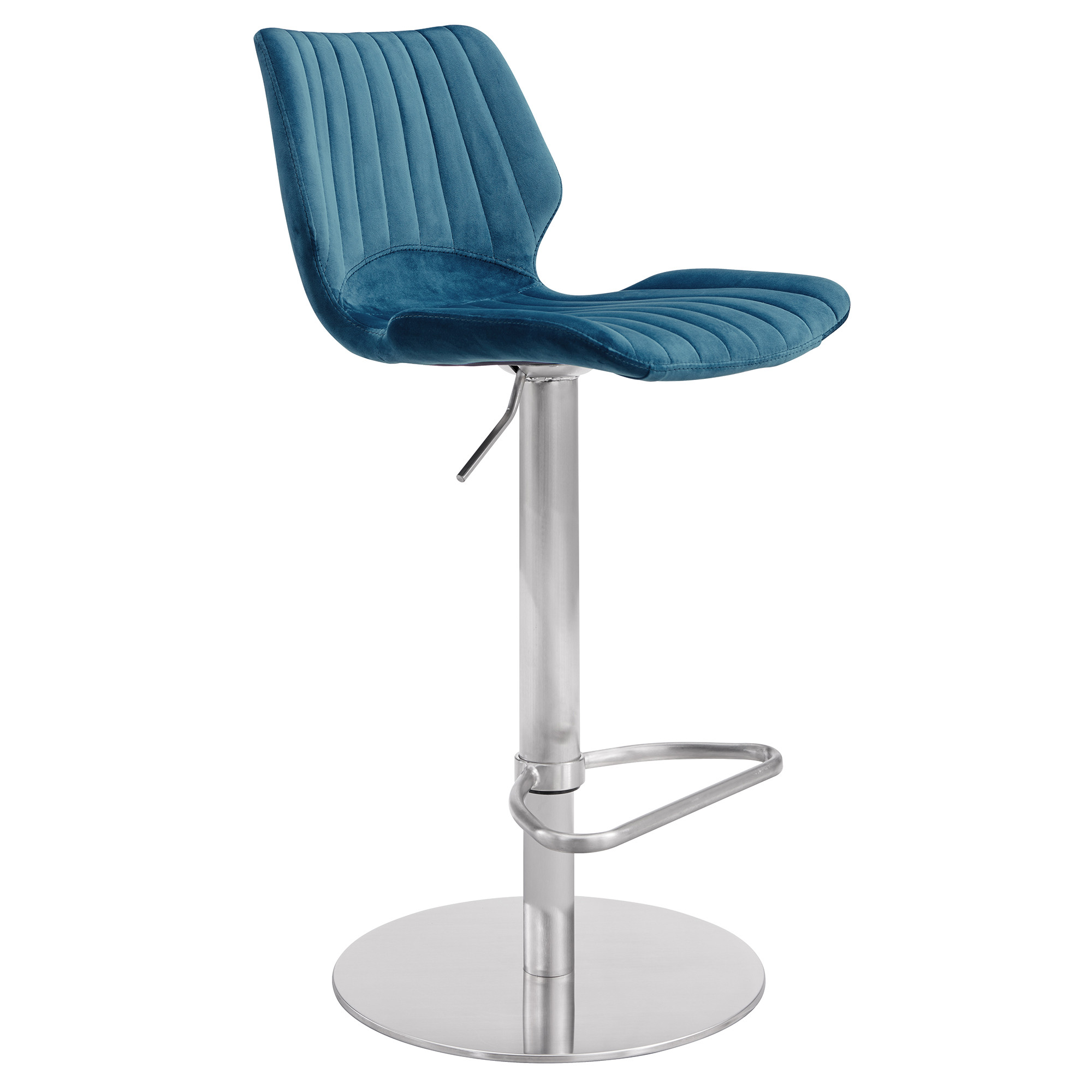 Teal Blue Velvet and Chrome Channel Adjustable Swivel Bar Stool