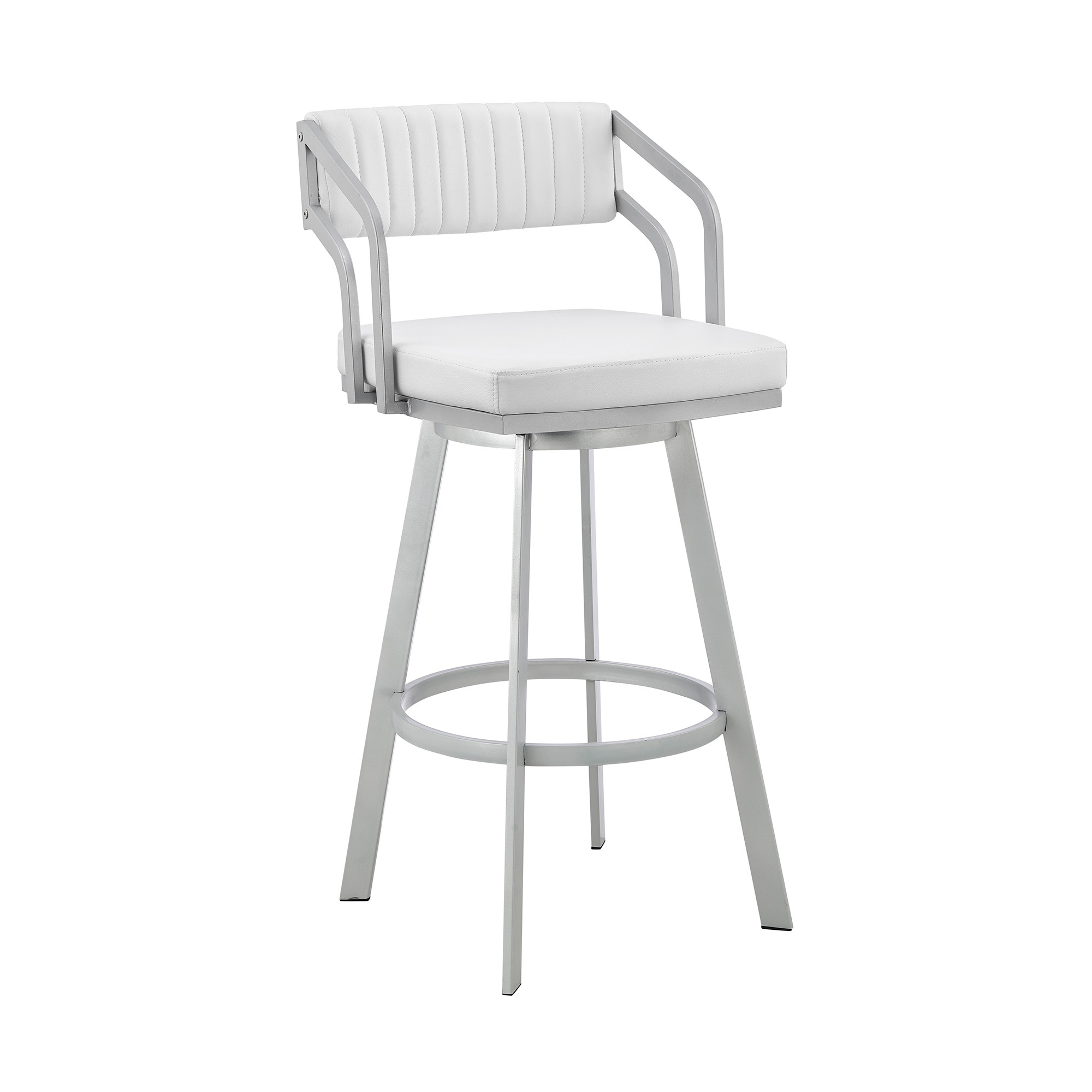 30" Timeless White Faux Leather Silver Finish Swivel Bar Stool