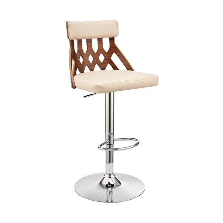 Adjustable Cream Faux Leather and Walnut Lattice Bar Stool