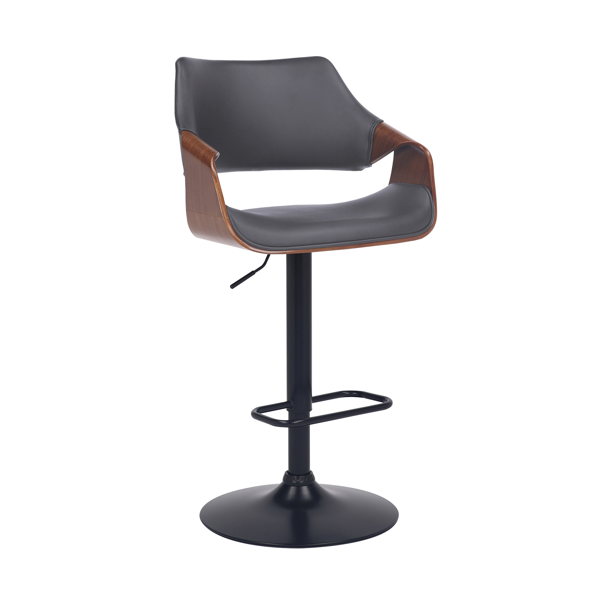 Grey Faux Leather Walnut Wood and Black Swivel Adjustable Bar Stool