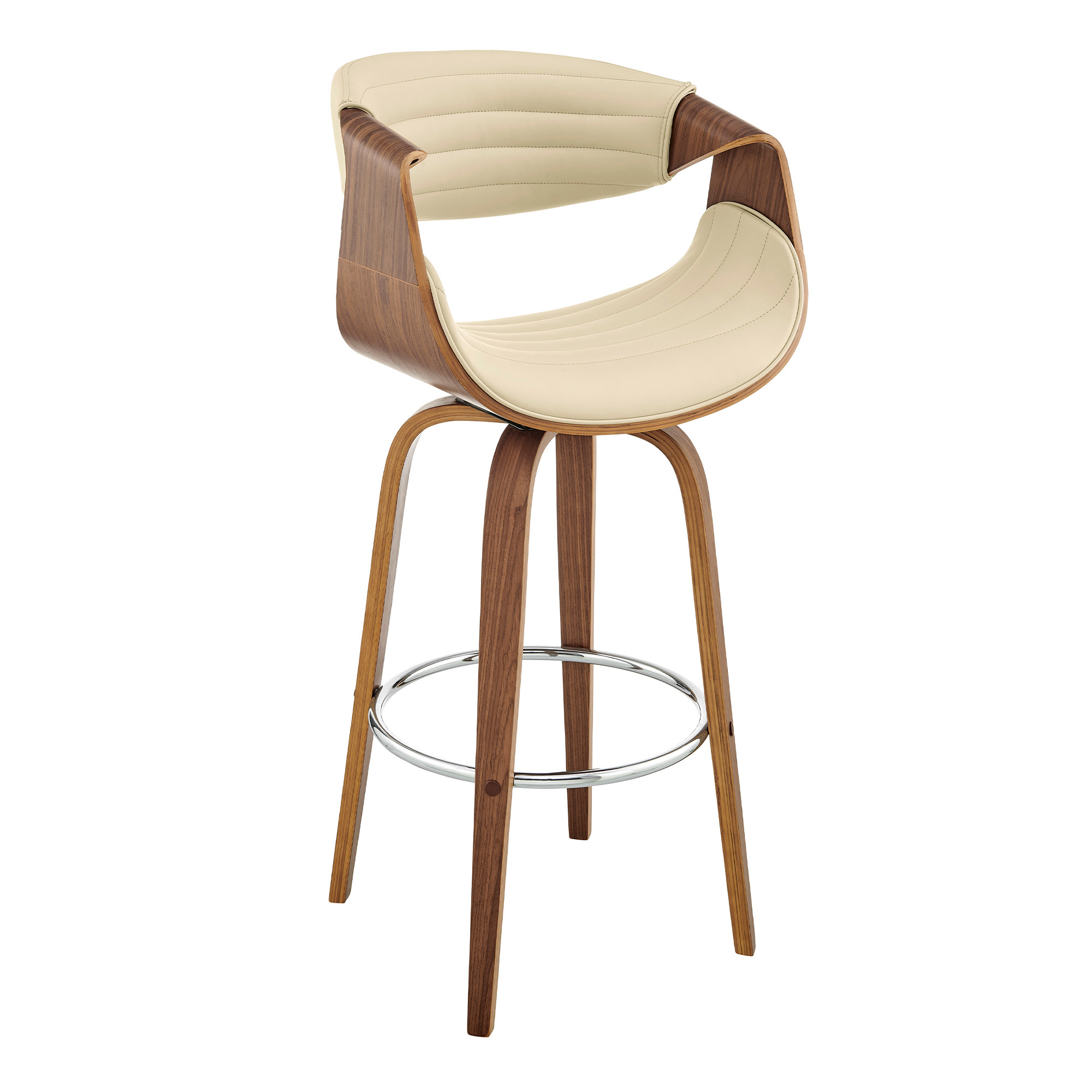 26" Cream Faux Leather and Walnut Wood Retro Chic Swivel Counter Stool